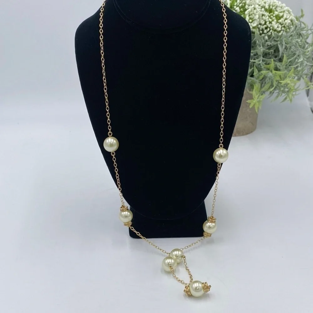 J. Crew Faux‎ Pearl and Rhinestone Necklace Long Strand Necklace Gold Tone
